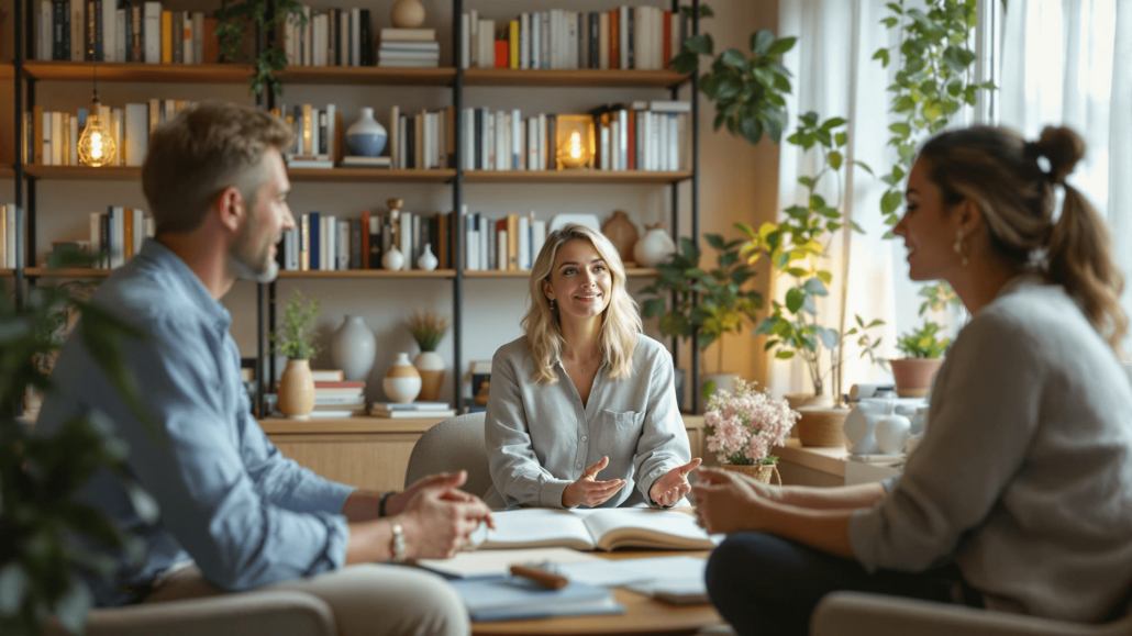 Eine ganzheitliche Energiemedizin-Expertin und Bewusstseins-Coach in einem ruhigen Büroumfeld. Die Fachfrau, eine europäische Frau, hilft aktiv Einzelpersonen dabei, ihre Selbstheilungskräfte zu aktivieren und ein höheres Bewusstsein zu fördern. Sie arbeitet mit Klienten, einem blonden Mann und einer hispanischen Frau, und lehrt sie Techniken, um Heilung auf einer tieferen Ebene zu verstehen. Der Raum ist von einer friedlichen Atmosphäre erfüllt, sanft beleuchtet mit beruhigenden Farben und gefüllt mit Büchern über Energiemedizin, Bewusstseinsstudien, Meditationswerkzeuge und ganzheitliche Gesundheit.