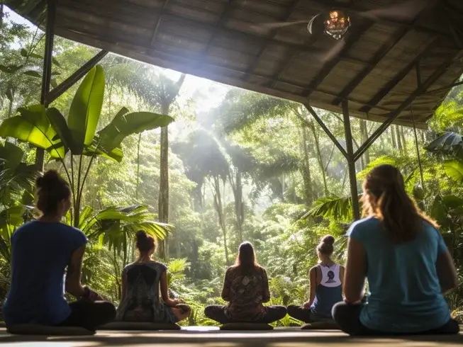 People meditating in forest