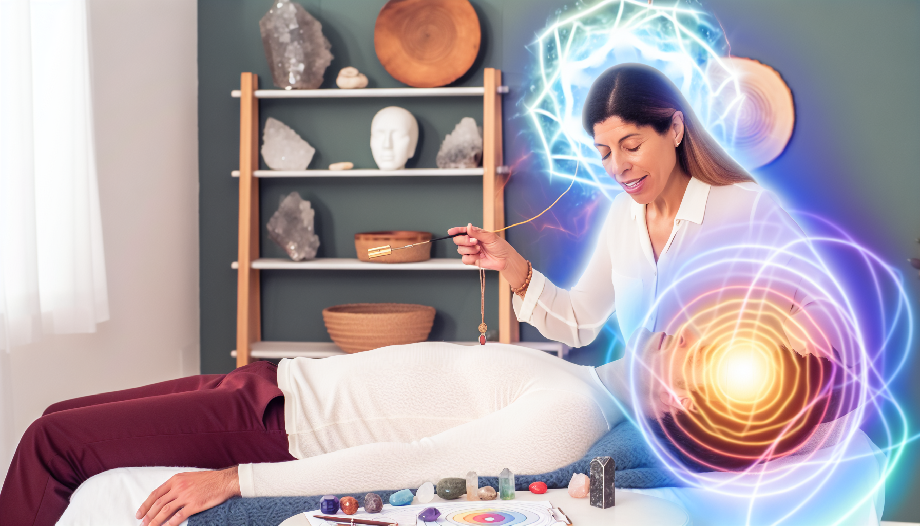 Eine ganzheitliche Energiemedizin-Praktikerin und Bewusstseins-Coach, die Selbstheilung aktiviert, hÃ¶heres Bewusstsein fÃ¶rdert und das VerstÃ¤ndnis fÃ¼r Heilung vertieft. Die Praktikerin ist eine hispanische Frau, die in einer ruhigen und friedlichen Umgebung arbeitet. Um sie herum befinden sich verschiedene Werkzeuge der Energieheilung, wie Kristalle, Chakra-Diagramme und Pendel. Man kÃ¶nnte sie sehen, wie sie eines dieser Werkzeuge bei einem kaukasischen mÃ¤nnlichen Klienten anwendet, der entspannt und in Frieden auf einer Behandlungscouch liegt. Eine Aura positiver Energie ist um die Praktikerin und den Klienten sichtbar, die den Fluss der Energie symbolisiert.