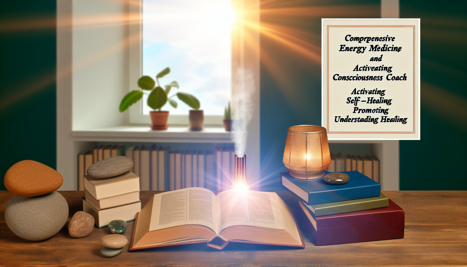 Ein umfassender Praktiker der Energiemedizin und Bewusstseinscoach, der Selbstheilung aktiviert, höheres Bewusstsein fördert und das Verständnis von Heilung vertieft. Das Bild sollte eine beruhigende, ruhige Umgebung zeigen, möglicherweise einen Büroraum, der mit Büchern über das menschliche Energiefeld und Bewusstsein gefüllt ist. Vielleicht bricht ein Sonnenstrahl durch das Fenster und wirft warmes Licht auf ein offenes Buch auf einem Schreibtisch. Der Raum könnte mit Heilsteinen, einem Diffusor, der sanften Dampf abgibt, und einem Topf mit einer großen grünen Pflanze dekoriert sein. Der Beruf der Person wird durch diese Elemente im Raum symbolisiert und lädt zu einem Gefühl von Ruhe und höherem Verständnis ein.
