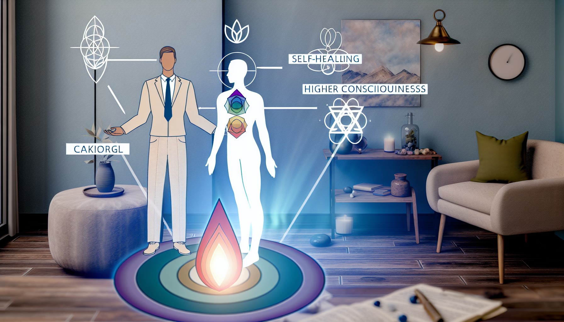 Eine Darstellung eines ganzheitlichen Energieheilers und Bewusstseinscoaches in einer friedlichen Umgebung, möglicherweise in einem Büro oder einem Meditationsraum, der Einzelpersonen dabei hilft, ihre Selbstheilungskräfte zu aktivieren, höheres Bewusstsein zu fördern und das Verständnis von Heilung zu vermitteln. Es ist wichtig, Symbole der Energieheilung wie Chakra-Symbole, Aura-Darstellungen oder Heilsteine einzubeziehen. Visuelle Elemente, die eine Atmosphäre von Ruhe, Gelassenheit und Erleuchtung fördern, sollten den Raum dominieren. Der Heiler und die gecoachten Personen sollten verschiedene Rassen und Geschlechter repräsentieren, um die Vielfalt der Menschheit widerzuspiegeln.