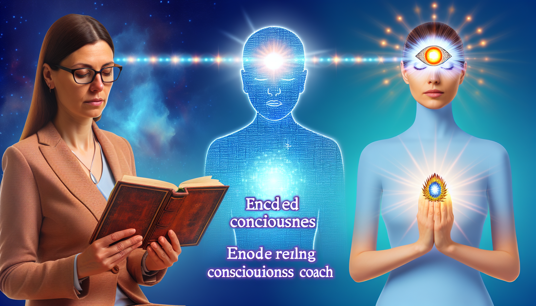 Illustration eines ganzheitlichen Energiemedizin-Praktikers und Bewusstseins-Coaches. Das Bild zeigt eine ruhige und achtsame Person, die SelbstheilungskrÃ¤fte aktiviert, symbolisiert durch kodiertes Licht, das von ihren HÃ¤nden strahlt. Sie fÃ¶rdert auch ein hÃ¶heres Bewusstsein, dargestellt durch ein leuchtendes drittes Auge, und versteht Heilung, symbolisiert durch das Aufnehmen von Wissen aus einem alten, weisheitsreichen Buch.