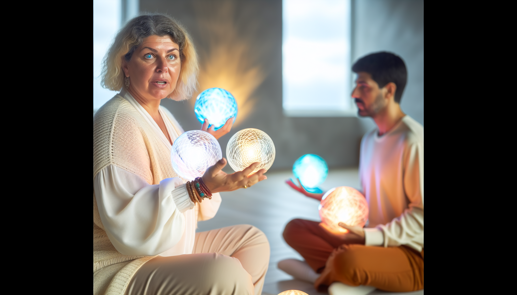 Eine erfahrene ganzheitliche Energieheilerin und Bewusstseinscoachin in Aktion, die Selbstheilungsprozesse anregt und höhere Bewusstseinsstufen fördert. Sie ist eine kaukasische Frau, die symbolische Lichtkugeln in beiden Händen hält, die Energie repräsentieren. Diese Kugeln leuchten in verschiedenen beruhigenden Farben. Die Szene zeigt auch eine Person, die von ihr lernt, einen mittelöstlichen Mann, der bequem sitzt und das Wissen sowie die Energie, die sie teilt, aufnimmt. Der Ausdruck auf ihren Gesichtern spiegelt tiefes Verständnis und Ruhe wider. Der Raum ist eine ruhige, geräumige Umgebung mit minimalistischem Dekor und sanftem Licht, das den Raum durchdringt und ihm ein heiliger Ort ähnliches Aussehen verleiht.