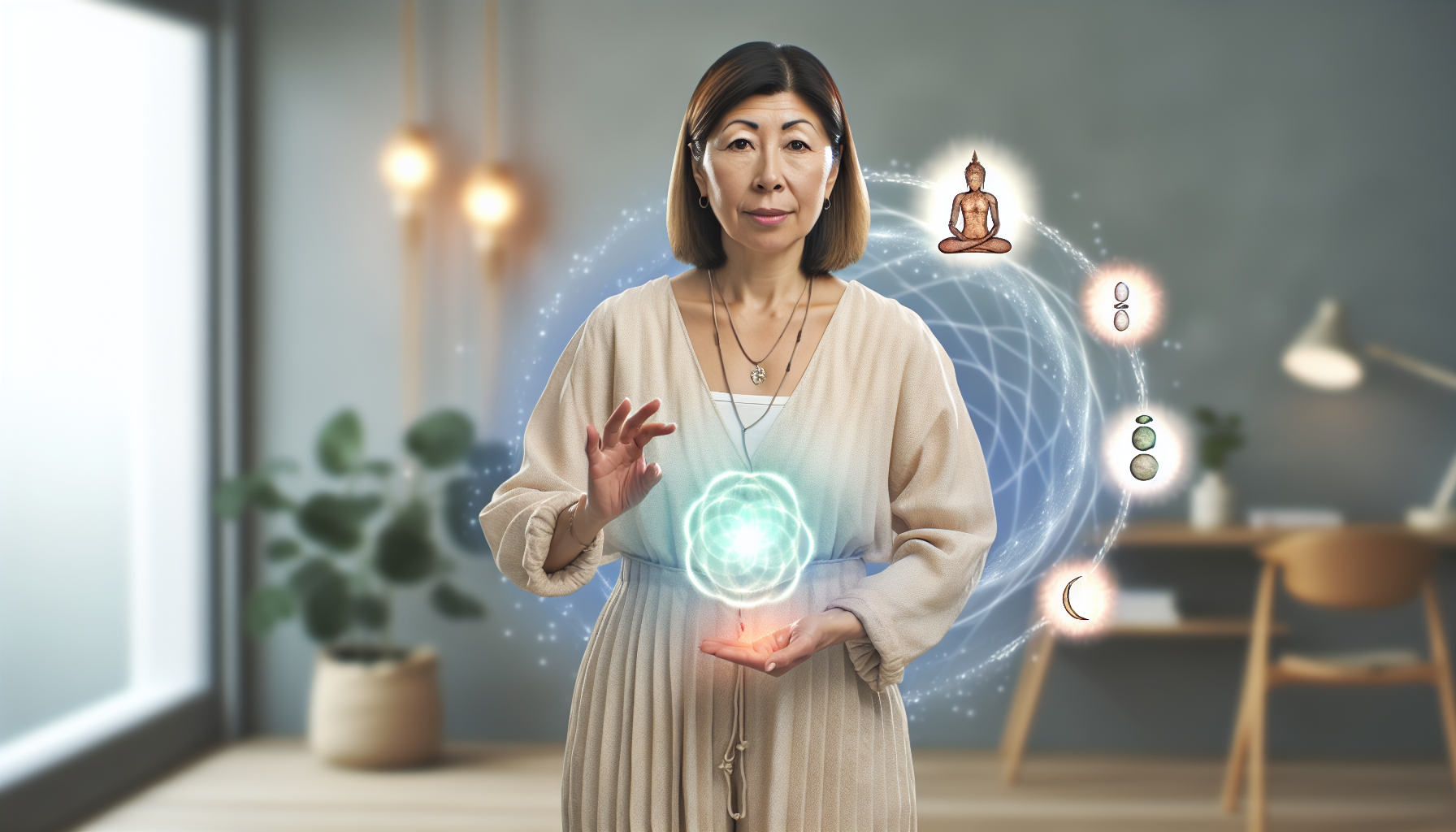 Eine ganzheitliche Energiemedizin-Praktikerin und Bewusstseins-Coach, die den Prozess der Selbstheilung initiiert, hÃ¶heres Bewusstsein fÃ¶rdert und das VerstÃ¤ndnis von Heilung vertieft. Die Coach erscheint als eine mittelalte ostasiatische Frau, die in ruhiger, lockerer Kleidung gekleidet ist. Es gibt Symbole fÃ¼r Energieheilung und Bewusstsein, wie eine Aura oder heilende Energie, die die Coach umgibt, ihre HÃ¤nde gestikulieren, als ob sie innere Energie kanalisieren wÃ¼rde, und ihre Augen sind in tiefer Konzentration geschlossen. Die Umgebung ist ruhig und ausgewogen, mit organischen Elementen wie sanften Lichtern und Pflanzen. Der Raum ist still und strahlt Ruhe und Gelassenheit aus.