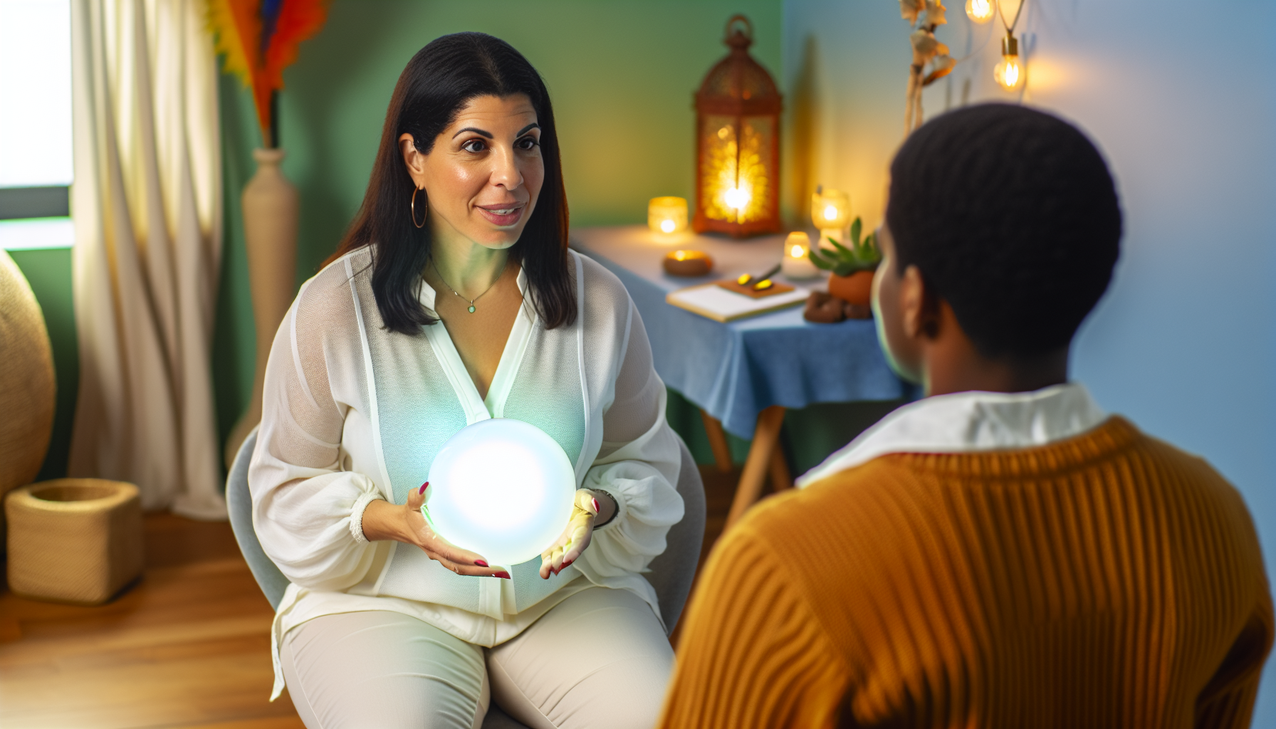 Eine umfassende Praktikerin der Energiemedizin und Bewusstseinscoach, die Selbstheilung aktiviert, höheres Bewusstsein fördert und das Verständnis von Heilung vertieft. Die Szene zeigt die Praktikerin, eine hispanische Frau, die eine leuchtende Energiesphäre in ihren Händen hält. Sie spricht mit einem männlichen, schwarzen Klienten, der sichtbar gelassen und entspannt ist. Sie sitzen in einer beruhigenden Umgebung, die mit sanften Farben und natürlichen Elementen durchzogen ist, was Frieden und Ganzheit symbolisiert.