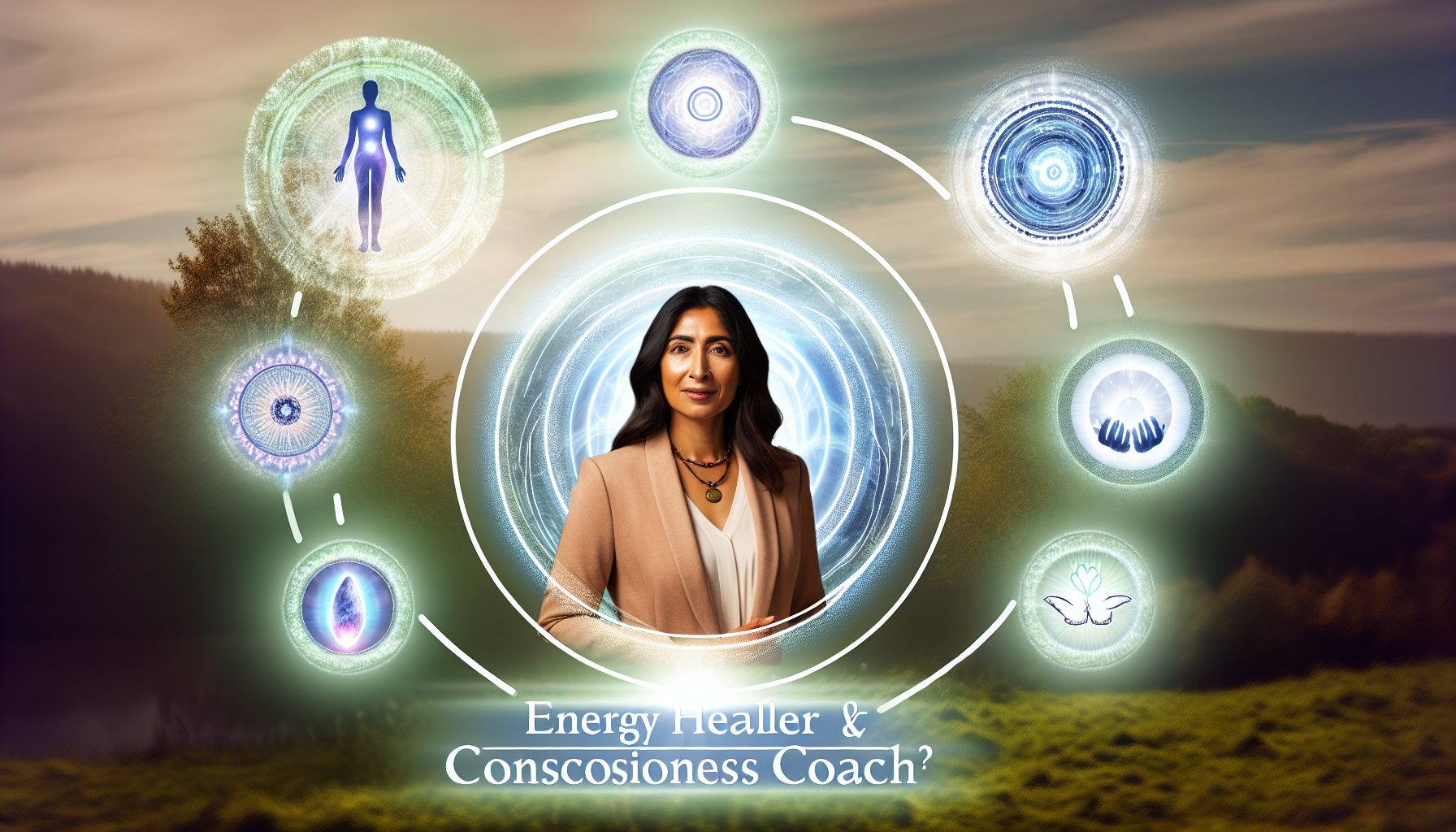 Eine Visualisierung einer Energieheilerin und Bewusstseins-Coach, die bei der Arbeit ist und sich darauf konzentriert, die Kraft der Selbstheilung zu aktivieren und ein höheres Bewusstsein zu fördern. Das Bild sollte die transformative Reise vom Verständnis der Heilung bis zur Umsetzung darstellen. Diese Fachfrau, eine südasiatische Frau, wird im Zentrum des Bildes dargestellt, umgeben von symbolischen Elementen, die energetische Heilung und Bewusstseinserweiterung repräsentieren. Der Hintergrund zeigt eine ruhige Naturlandschaft für einen beruhigenden Effekt.