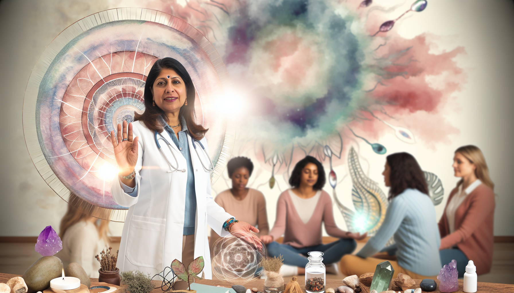 Eine integrative Energiemedizin-Praktikerin und Bewusstseins-Coach in einer ruhigen Umgebung. Die Praktikerin ist eine mittelalte sÃ¼dasiatische Frau, die Ruhe und Weisheit ausstrahlt, wÃ¤hrend sie einer vielfÃ¤ltigen Gruppe von Menschen die Interpretationen von Selbstheilung und erweitertem Bewusstsein vermittelt. Verschiedene Symbole und GegenstÃ¤nde, die mit alternativer Medizin und spirituellen Lehren in Verbindung stehen, wie Kristalle, KrÃ¤uter und ein Mandala, sind um sie herum zu sehen. Im Hintergrund strahlt sanftes Licht von einem groÃŸen, aquarellartig gestalteten GemÃ¤lde des Universums aus, das ein hÃ¶heres VerstÃ¤ndnis von Heilung symbolisiert.