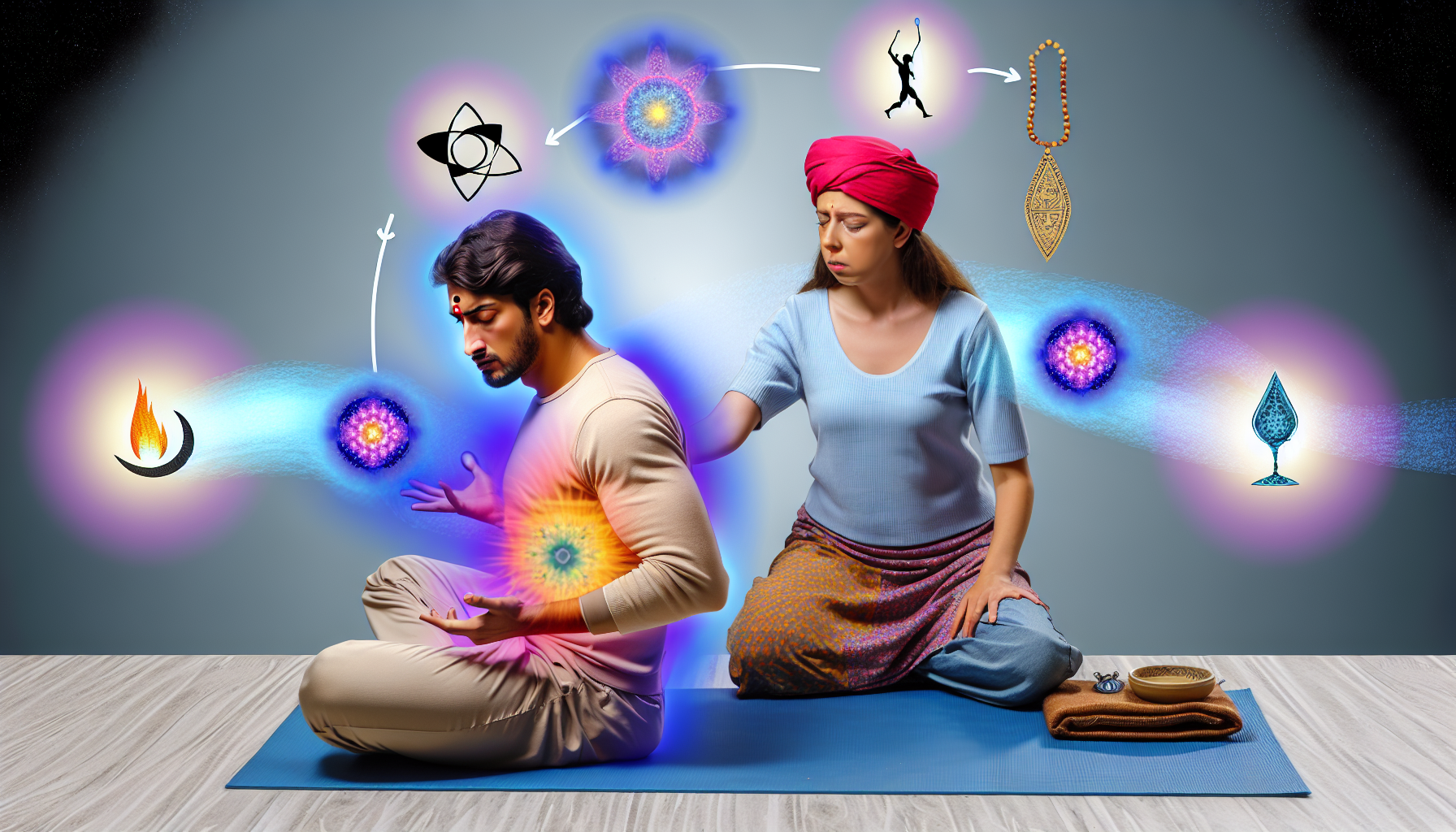 Darstellung eines ganzheitlichen Energieheilers und Bewusstseinscoaches, die in einer Sitzung engagiert sind. Sie strahlen eine starke Aura spiritueller Energie aus. Der Heiler, ein mÃ¤nnlicher MittelÃ¶stler, aktiviert seine innere SelbstheilungsfÃ¤higkeit. Neben ihm fÃ¶rdert eine sÃ¼dasiatische weibliche Coach ihr hÃ¶heres Bewusstsein. Symbole und visuelle Metaphern des Verstehens und der Einsicht in den Heilungsprozess umgeben sie.