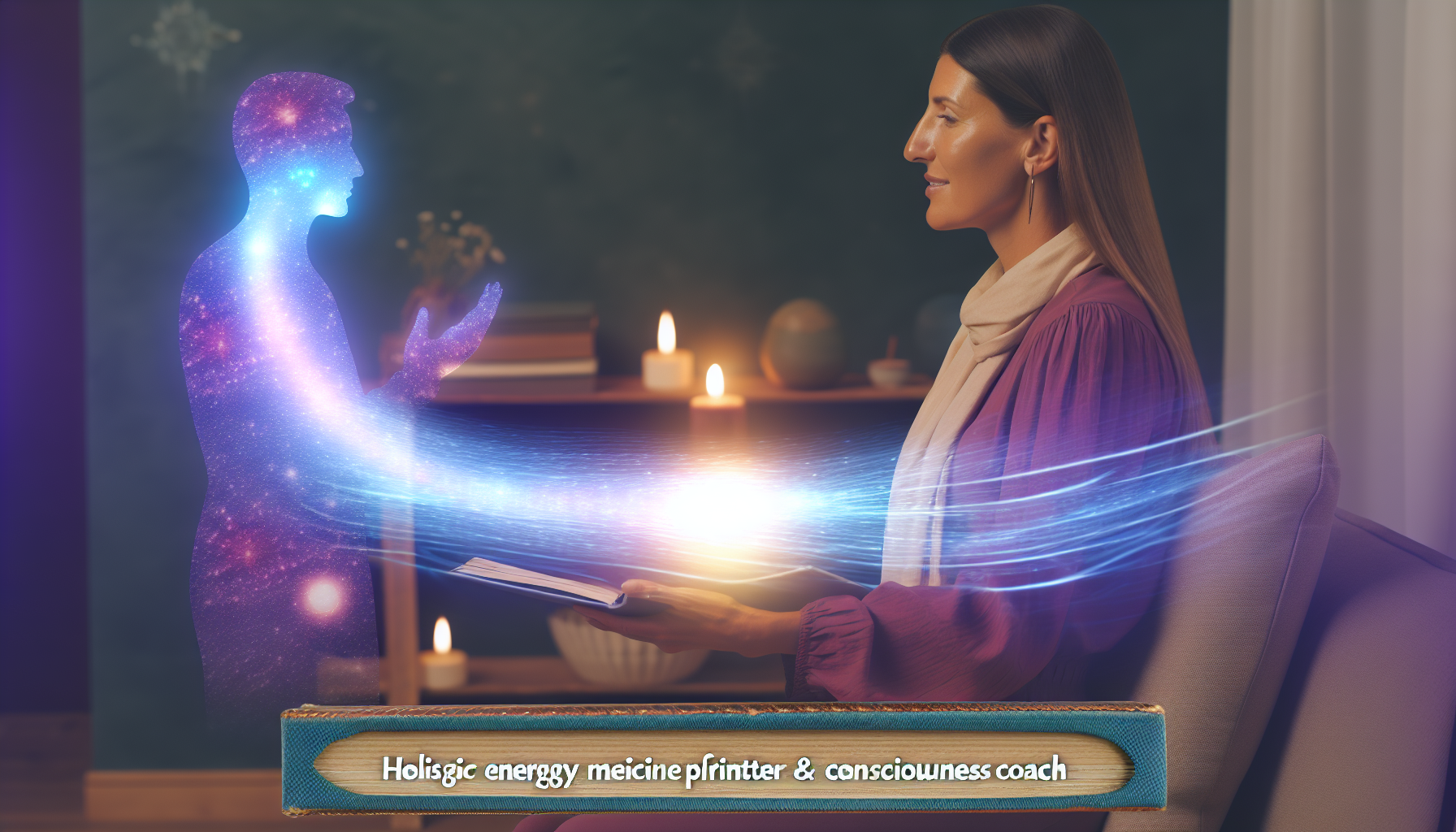 Ein Bild, das die ruhige und beruhigende Umgebung eines ganzheitlichen Energiemedizin-Praktikers und Bewusstseins-Coaches darstellt. Sie sind dabei, Selbstheilung zu aktivieren und ein höheres Bewusstsein zu fördern. Eine Visualisierung zum Verständnis von Heilung, vielleicht in Form einer ätherischen Energie, die durch sie fließt und in die umgebende Umgebung strahlt.