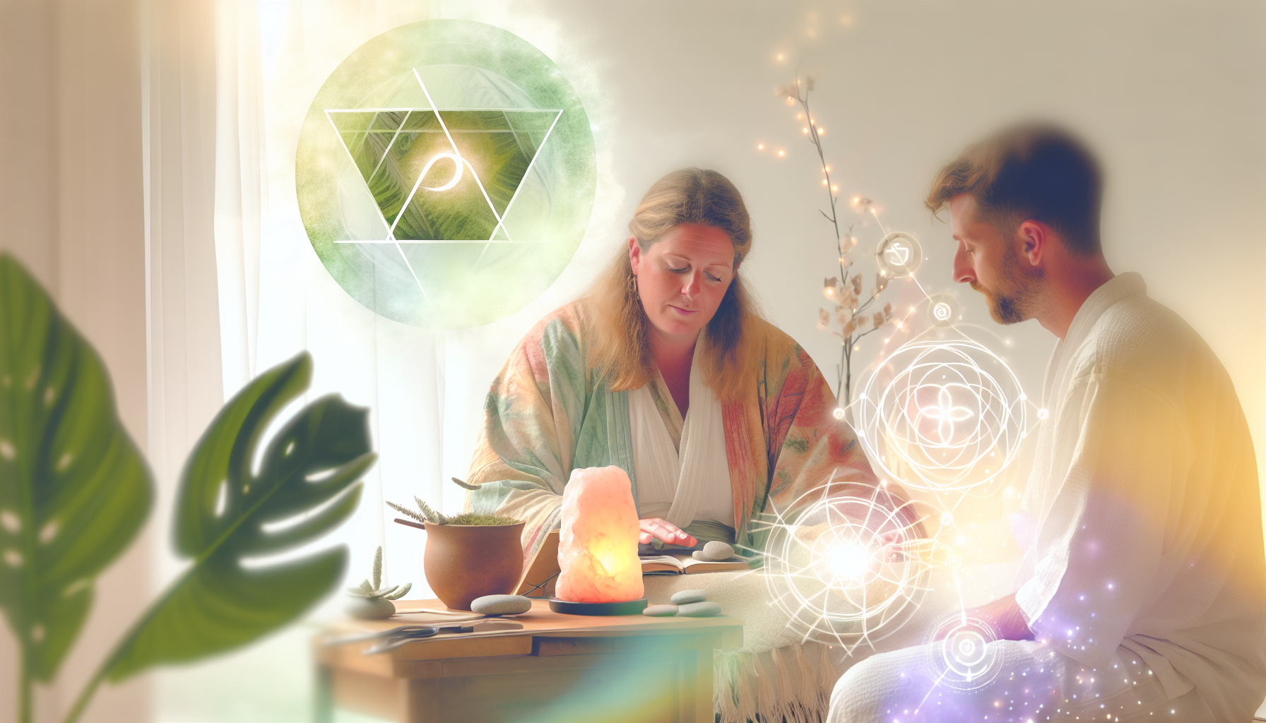 Ein ganzheitlicher Energiemediziner, der Selbstheilung und Bewusstseinscoaching fÃ¶rdert, hilft Einzelpersonen, Heilung zu verstehen und ein hÃ¶heres Bewusstsein zu entwickeln. Das Bild zeigt diesen Fachmann in einem ruhigen, meditativen Raum, umgeben von Symbolen fÃ¼r Energie, Wohlbefinden und Achtsamkeit, einschlieÃŸlich einer sanften Aura des Lichts um ihn herum. Er trÃ¤gt GewÃ¤nder in den Farben der Natur und ist tief in eine Energieheilungssitzung mit einem Klienten vertieft, der entspannt und in Frieden wirkt. Um sie herum sind Elemente der Natur strategisch platziert, vielleicht eine Pflanze, eine sanft leuchtende Salzkristalllampe und ein offenes Fenster, durch das eine sanfte Brise die VorhÃ¤nge bewegt.
