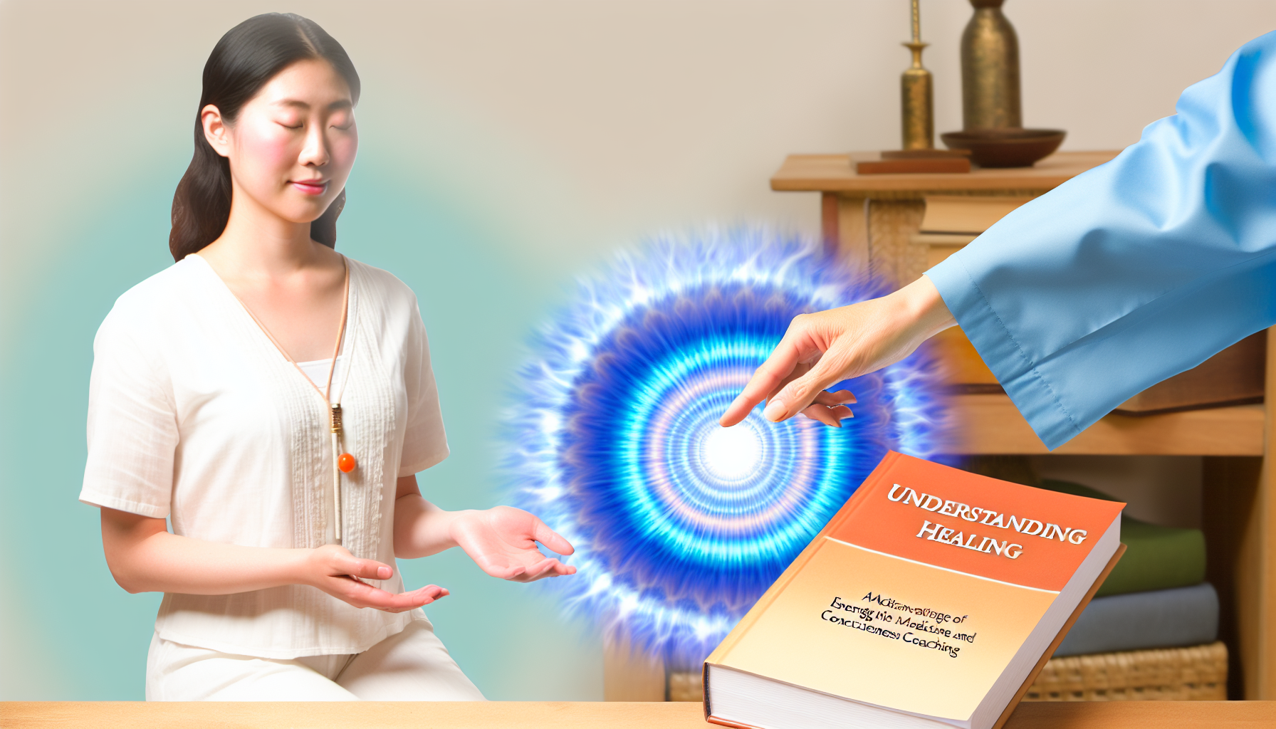 Ein Bild, das einen ganzheitlichen Medizinpraktiker zeigt, der sich auf Energiemedizin und Bewusstseinscoaching spezialisiert hat. Sie sind dabei, die Selbstheilungsmechanismen bei einer asiatischen weiblichen Person zu aktivieren. Um sie herum herrscht eine friedliche Aura, die das Fördern eines höheren Bewusstseins symbolisiert. Im Hintergrund liegt ein Buch mit dem Titel 'Heilung Verstehen', das der Szene eine zusätzliche Bedeutungsebene verleiht.
