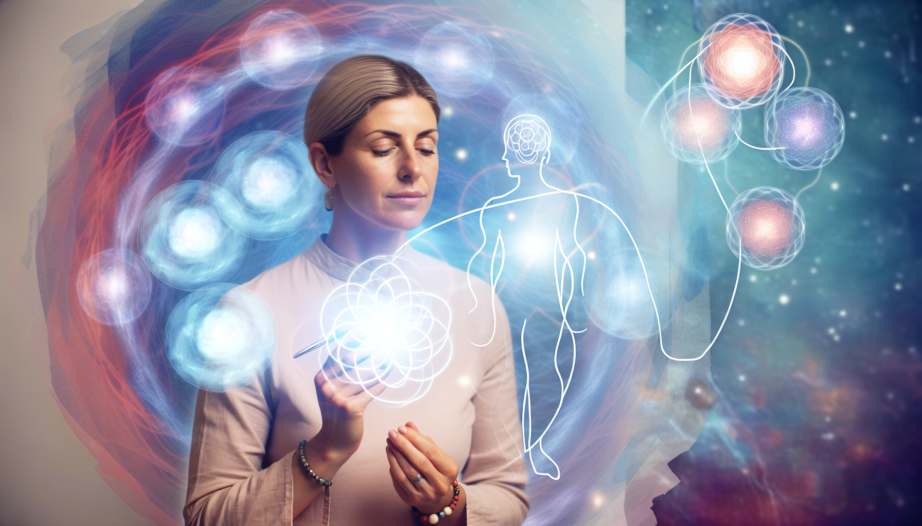 Eine Person, die ganzheitliche Energiemedizin praktiziert und als Bewusstseinscoach tÃ¤tig ist, stellt sich vor, Selbstheilungsprozesse zu aktivieren und ein hÃ¶heres Bewusstseinsniveau zu fÃ¶rdern. Man sieht sie in einer beruhigenden Umgebung, umgeben von Ã¤therischem Licht und abstrakten Darstellungen von EnergieflÃ¼ssen. Sie ist tief fokussiert, wÃ¤hrend sich Erkenntnisse Ã¼ber Heilung in greifbaren Symbolen um sie herum manifestieren.