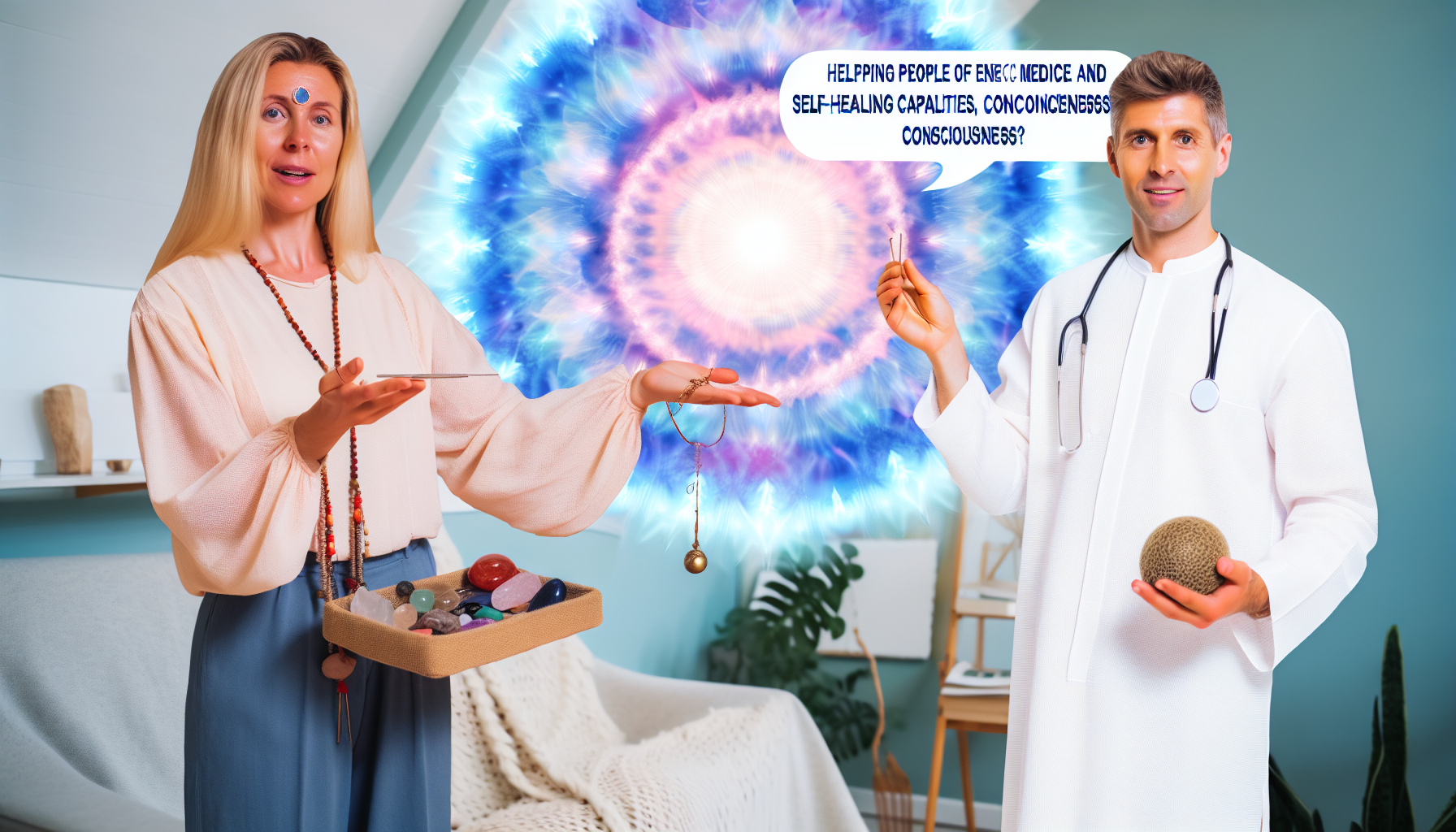 Eine ganzheitliche Fachperson fÃ¼r Energiemedizin und Bewusstseinscoaching ist zu sehen. Sie hilft Menschen, ihre SelbstheilungskrÃ¤fte zu aktivieren, fÃ¶rdert ein hÃ¶heres Bewusstsein und erklÃ¤rt das Konzept des Heilens. Diese Fachperson, die jedem Geschlecht angehÃ¶ren oder jeglicher Herkunft entstammen kann, befindet sich in einer Umgebung, die Frieden, Ruhe und positive Energie ausstrahlt. Man sieht sie vielleicht mit symbolischen Werkzeugen ihres Handwerks wie einem Pendel oder Kristallen, oder sie demonstriert mÃ¶glicherweise eine Heiltechnik und setzt sich dabei auf faszinierende Weise mit den Konzepten von Selbstheilung und erweitertem Bewusstsein auseinander.