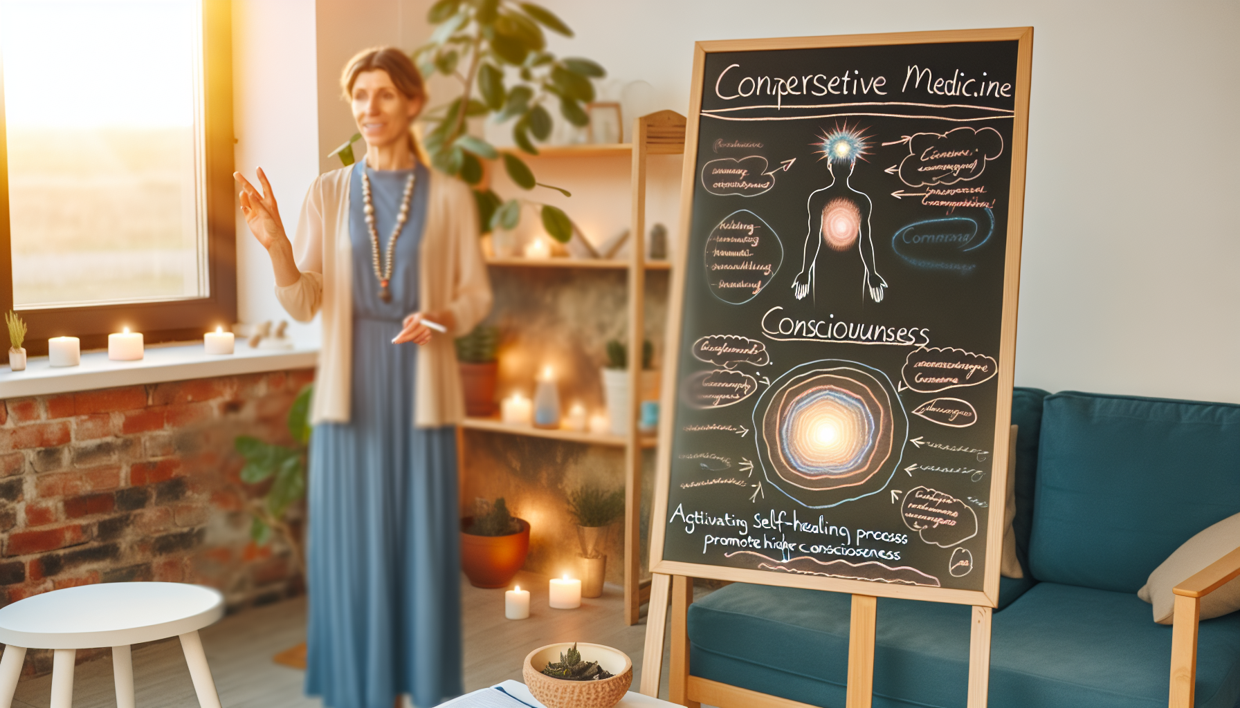 Eine umfassende Praktikerin der Energiemedizin und Bewusstseinscoach, die Selbstheilungsprozesse aktiviert, ein hÃ¶heres Bewusstsein fÃ¶rdert und Heilung auf einer detaillierten Tafel mit Diagrammen und Text erklÃ¤rt, in einem ruhigen, gelassenen BÃ¼ro voller Pflanzen und mit sanftem, warmem Licht.