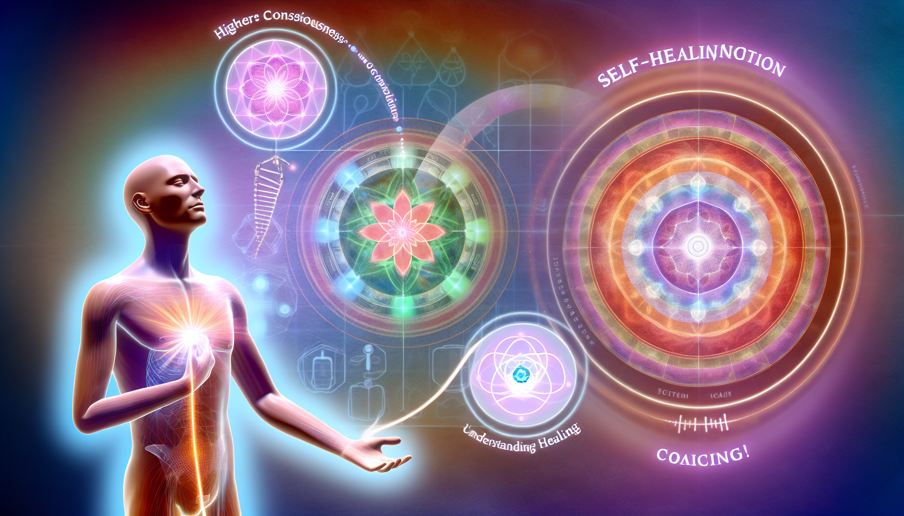 Eine visuelle Darstellung von Energiemedizin und Bewusstseinscoaching. Zeige den Prozess der Aktivierung der Selbstheilung und die Förderung höherer Bewusstseinsebenen. Veranschauliche außerdem das Konzept des verstehenden Heilens.