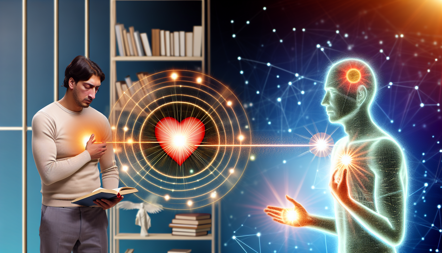Eine Praktikerin/ein Praktiker der ganzheitlichen Energiemedizin und Bewusstseinscoach, die/der gerade dabei ist, angeborene Selbstheilungsmechanismen zu aktivieren. Stelle eine Person kaukasischer Herkunft dar, die einem Mann aus dem Nahen Osten dabei hilft, sein höheres Bewusstsein zu erweitern und zu aktivieren. Um Heilung und Verständnis zu symbolisieren, soll Licht aus ihren Händen strömen und auf ein strahlendes Herzsymbol in der Mitte reflektieren. Integriere im Hintergrund ein Bücherregal mit Büchern über Selbstheilung, Energiemedizin und Bewusstseinsentwicklung.